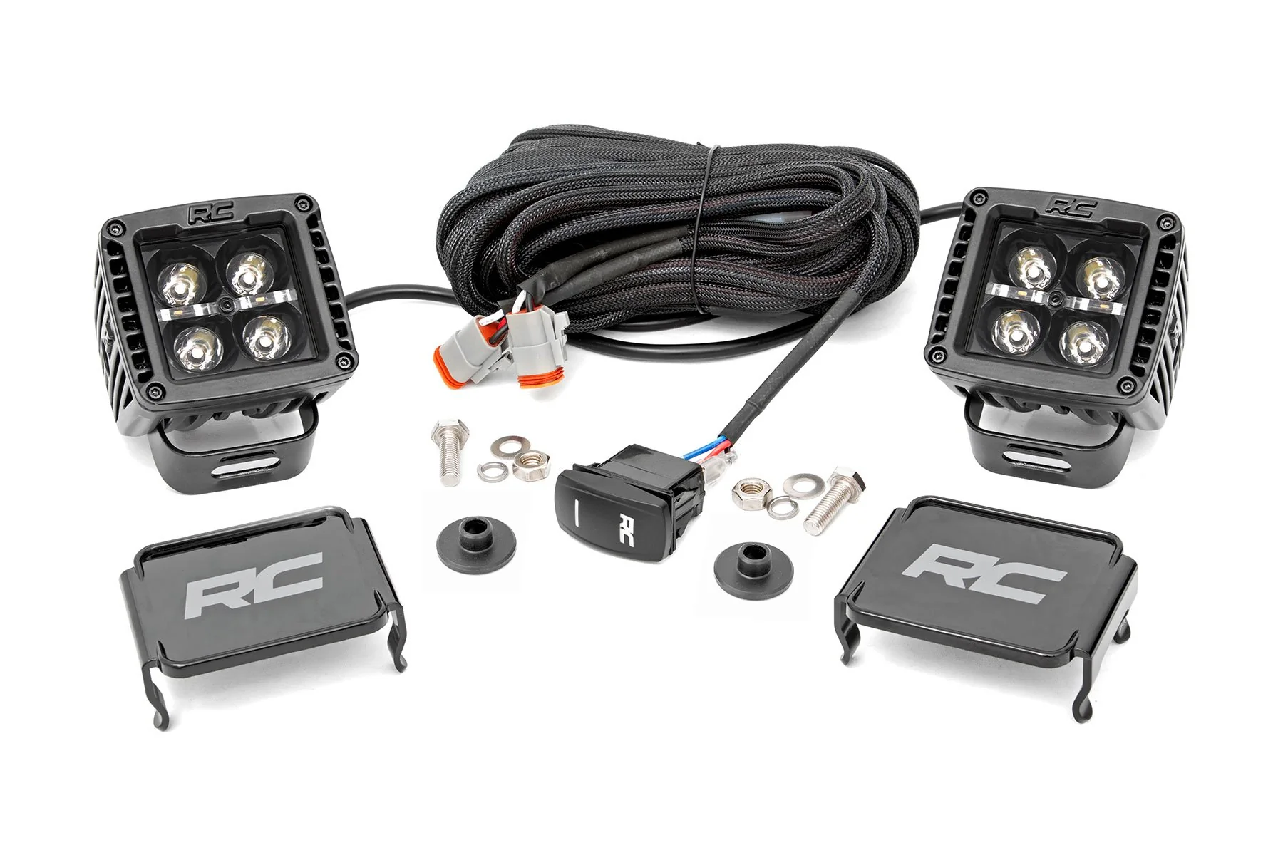 Rough Country - LED Light Kit - Ditch Mount - 2" Black Pair - Amber DRL - Ford Bronco (21-25)